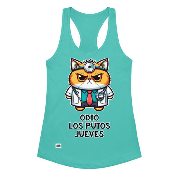 Camiseta de gatos para mujer ODIO LOS PUTOS JUEVES en color azul tahití, vista plana