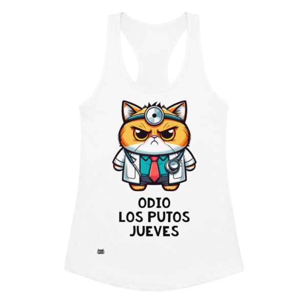 Camiseta de gatos para mujer ODIO LOS PUTOS JUEVES en color blanco, vista plana