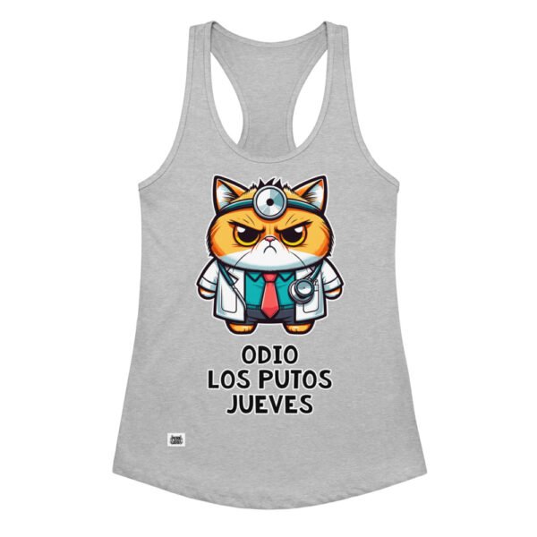 Camiseta de gatos para mujer ODIO LOS PUTOS JUEVES en color gris jaspeado, vista plana