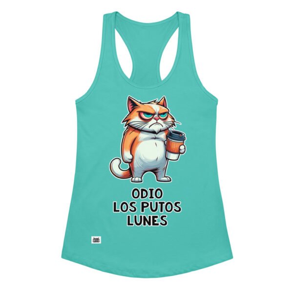 Camiseta de gatos para mujer ODIO LOS PUTOS LUNES en color azul tahití, vista plana