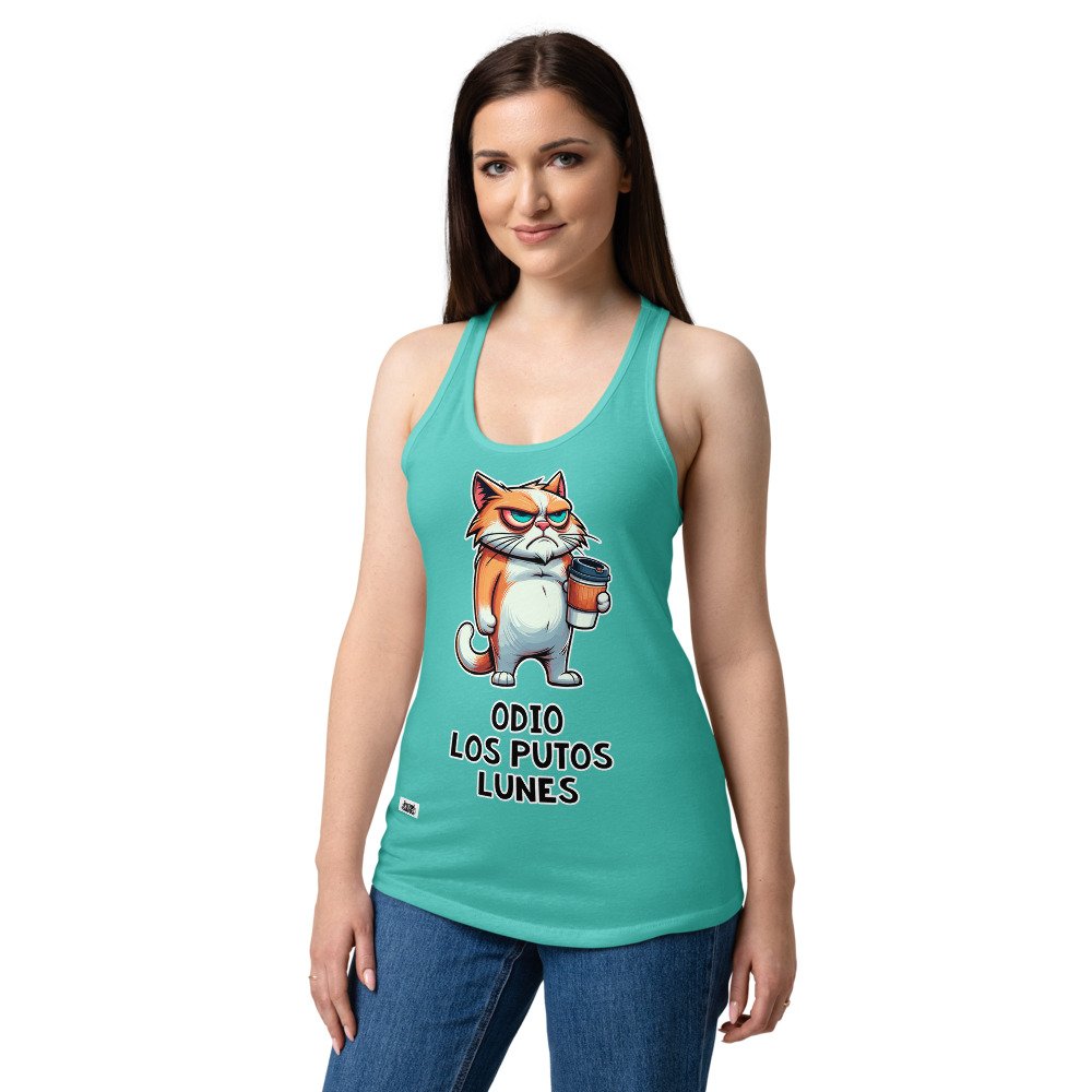 Camiseta de gatos para mujer ODIO LOS PUTOS LUNES en color azul tahití, sobre modelo