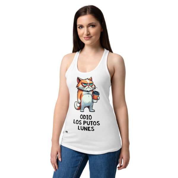 Camiseta de gatos para mujer ODIO LOS PUTOS LUNES en color blanco, sobre modelo