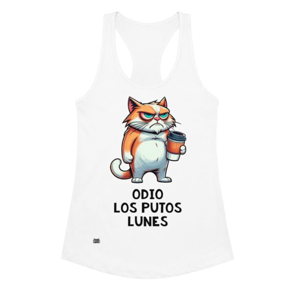 Camiseta de gatos para mujer ODIO LOS PUTOS LUNES en color blanco, vista plana