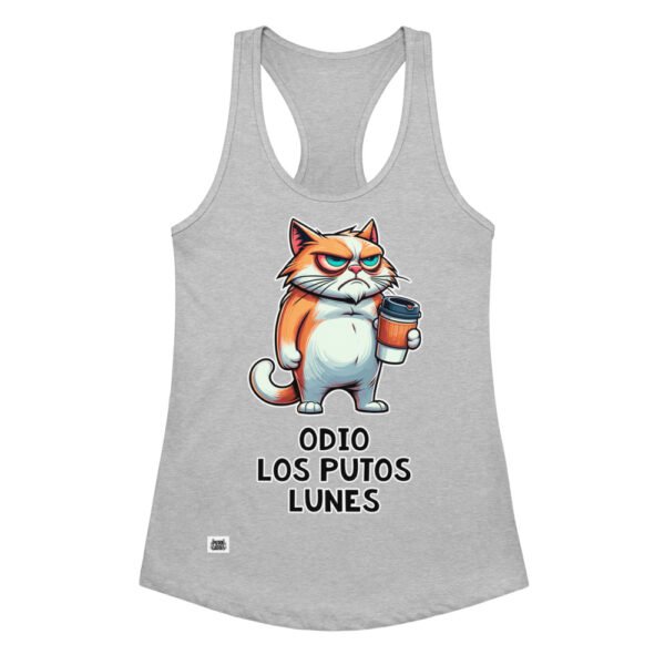 Camiseta de gatos para mujer ODIO LOS PUTOS LUNES en color gris jaspeado, vista plana