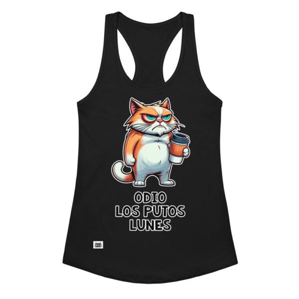 Camiseta de gatos para mujer ODIO LOS PUTOS LUNES en color negro, vista plana