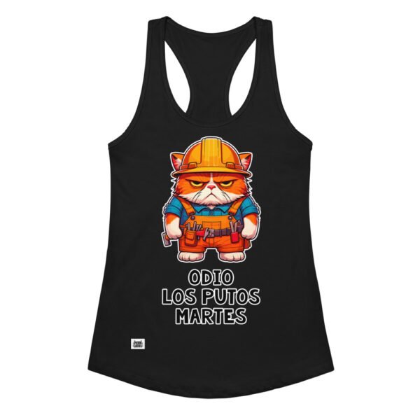 Camiseta de gatos para mujer ODIO LOS PUTOS MARTES en color negro, vista plana
