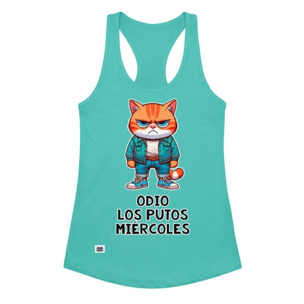 Camiseta de gatos para mujer ODIO LOS PUTOS MIÉRCOLES en color azul tahití, vista plana
