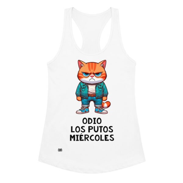 Camiseta de gatos para mujer ODIO LOS PUTOS MIÉRCOLES en color blanco, vista plana