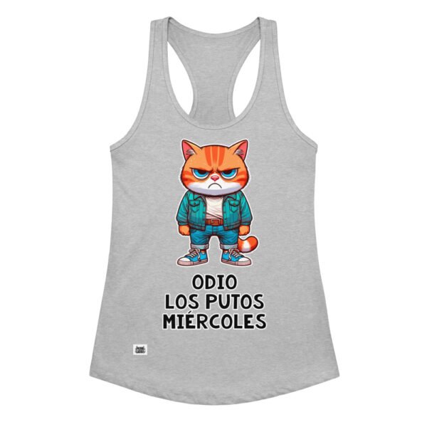 Camiseta de gatos para mujer ODIO LOS PUTOS MIÉRCOLES en color gris jaspeado, vista plana
