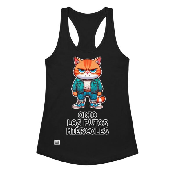 Camiseta de gatos para mujer ODIO LOS PUTOS MIÉRCOLES en color negro, vista plana