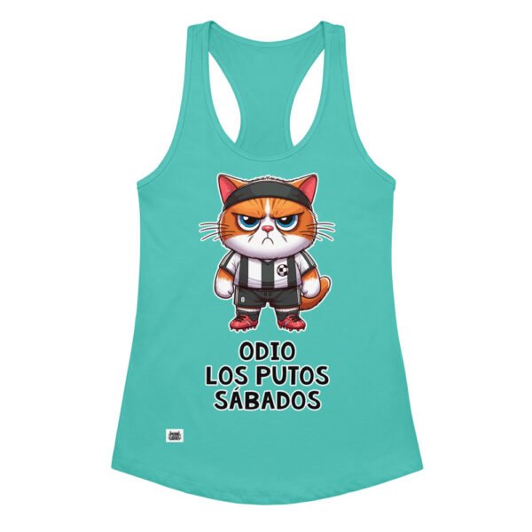 Camiseta de gatos para mujer ODIO LOS PUTOS SÁBADOS en color azul tahití, vista plana