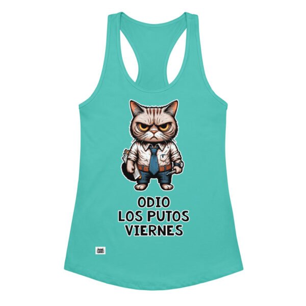 Camiseta de gatos para mujer ODIO LOS PUTOS VIERNES en color azul tahití, vista plana