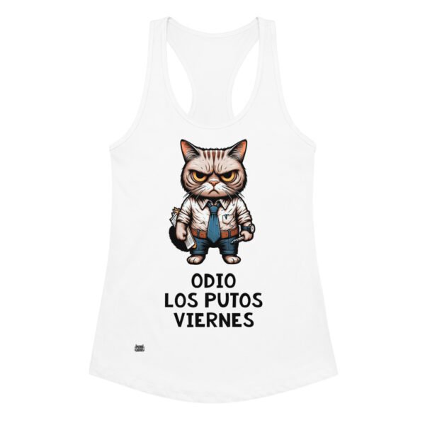 Camiseta de gatos para mujer ODIO LOS PUTOS VIERNES en color blanco, vista plana