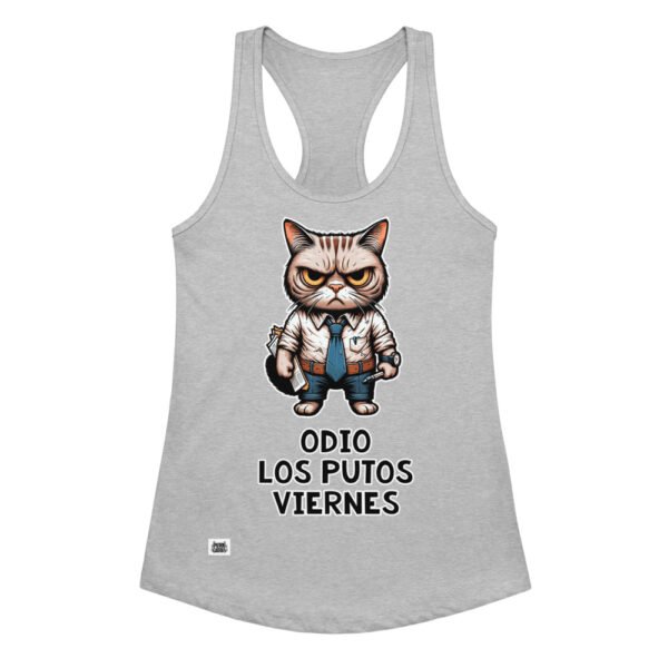Camiseta de gatos para mujer ODIO LOS PUTOS VIERNES en color gris jaspeado, vista plana