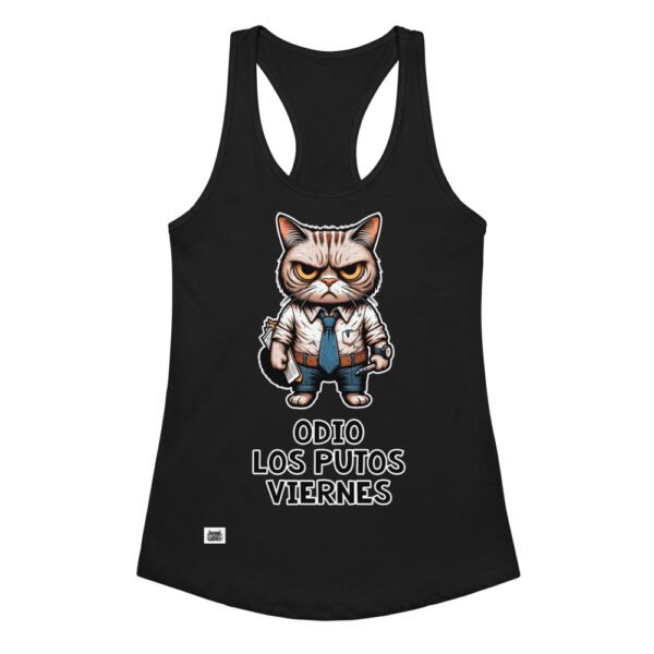 Camiseta de gatos para mujer ODIO LOS PUTOS VIERNES en color negro, vista plana