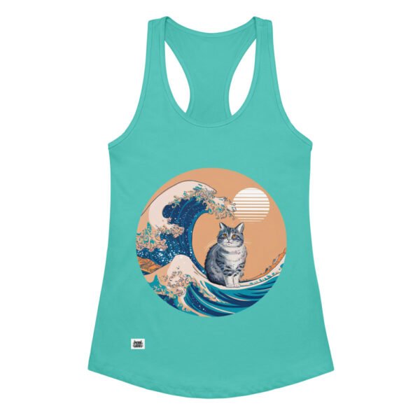 Camiseta de gatos para mujer GATO Y LA OLA JAPONESA en color azul tahití, vista plana