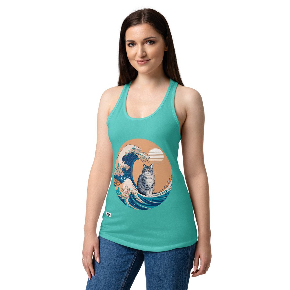 Camiseta de gatos para mujer GATO Y LA OLA JAPONESA en color azul tahití, sobre modelo