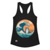 Camiseta de gatos para mujer GATITO Y LA OLA JAPONESA en color negro, vista plana