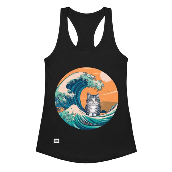 Camiseta de gatos para mujer GATITO Y LA OLA JAPONESA en color negro, vista plana