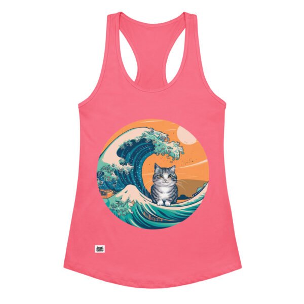 Camiseta de gatos para mujer GATITO Y LA OLA JAPONESA en color rosa eléctrico, vista plana