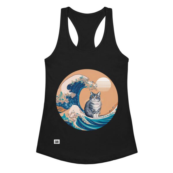 Camiseta de gatos para mujer GATO Y LA OLA JAPONESA en color negro, vista plana