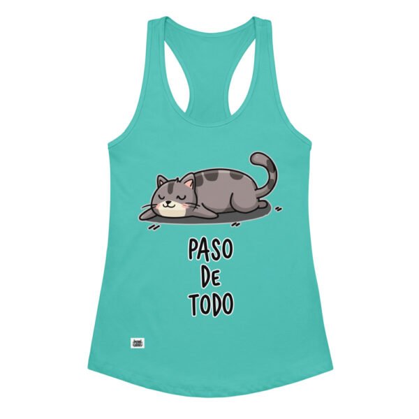Camiseta de gatos para mujer PASO DE TODO en color azul tahití, vista plana