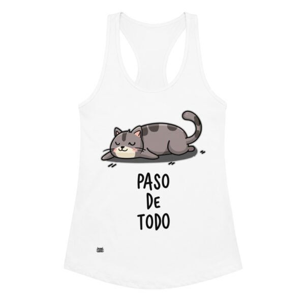 Camiseta de gatos para mujer PASO DE TODO en color blanco, vista plana
