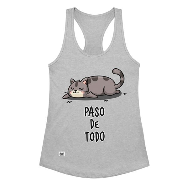 Camiseta de gatos para mujer PASO DE TODO en color gris jaspeado, vista plana