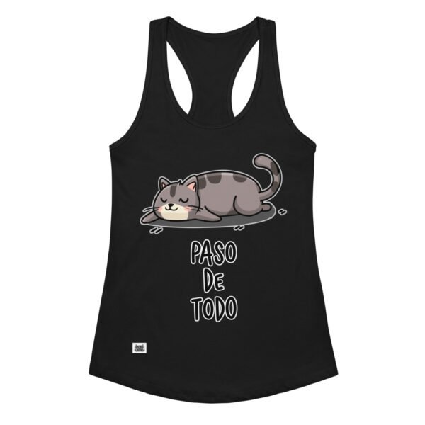 Camiseta de gatos para mujer PASO DE TODO en color negro, vista plana