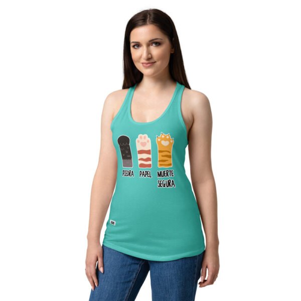 Camiseta de gatos para mujer PIEDRA, PAPEL, MUERTE SEGURA en color azul tahití, sobre modelo