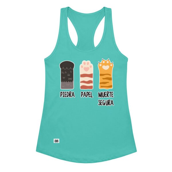Camiseta de gatos para mujer PIEDRA, PAPEL, MUERTE SEGURA en color azul tahití, vista plana