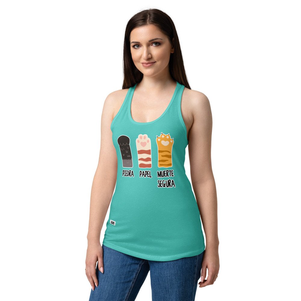Camiseta de gatos para mujer PIEDRA, PAPEL, MUERTE SEGURA en color azul tahití, sobre modelo