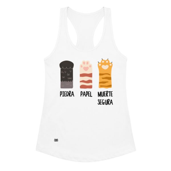 Camiseta de gatos para mujer PIEDRA, PAPEL, MUERTE SEGURA en color blanco, vista plana