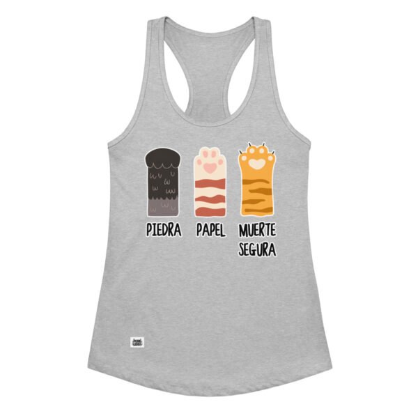 Camiseta de gatos para mujer PIEDRA, PAPEL, MUERTE SEGURA en color gris jaspeado, vista plana