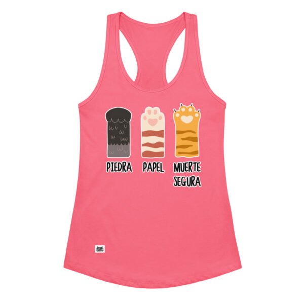 Camiseta de gatos para mujer PIEDRA, PAPEL, MUERTE SEGURA en color rosa eléctrico, vista plana
