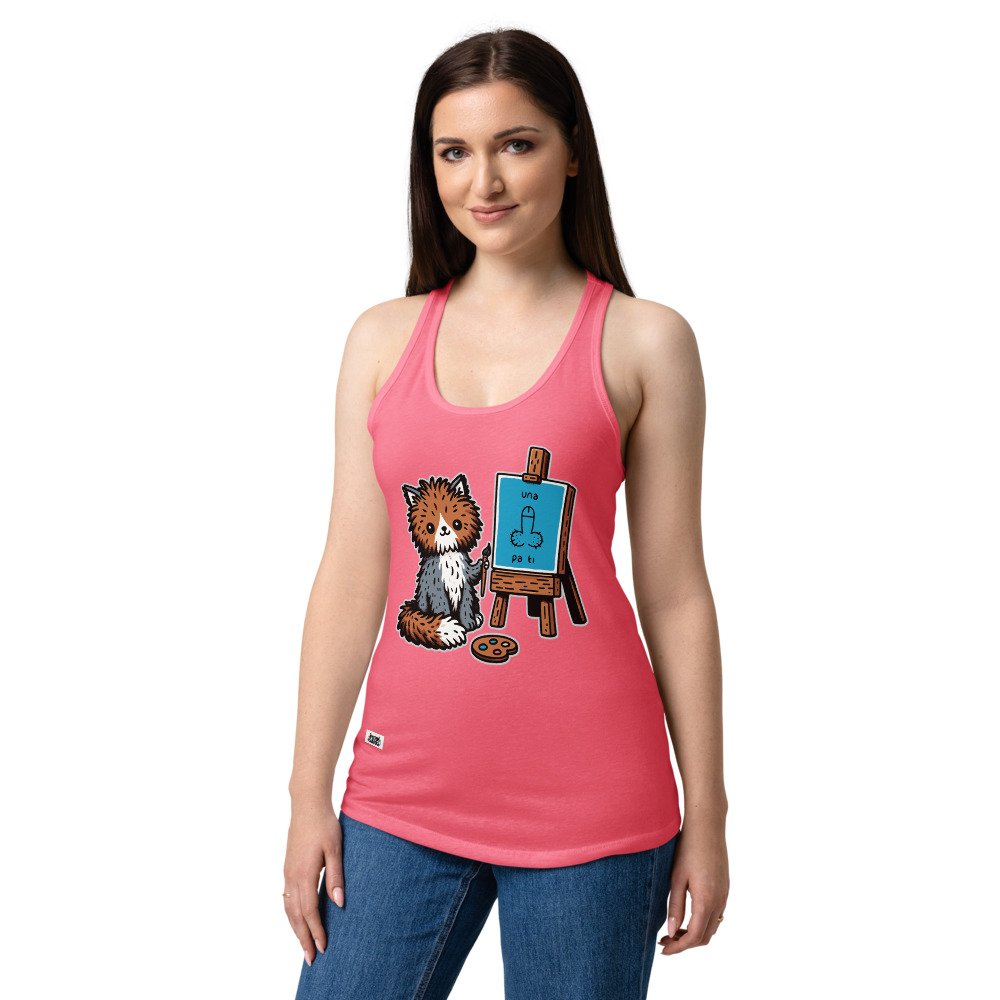Camiseta de gatos para mujer GATO PINTOR en color rosa eléctrico, sobre modelo
