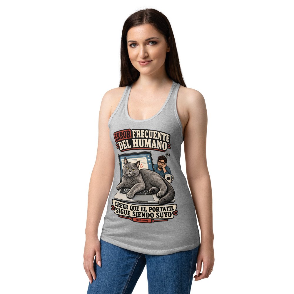 Camiseta de gatos para mujer EL PORTÁTIL YA NO ES TUYO en color gris jaspeado, sobre modelo