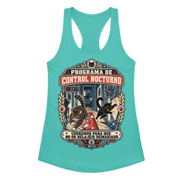 Camiseta de gatos para mujer PROGRAMA DE CONTROL NOCTURNO en color azul tahití, vista plana