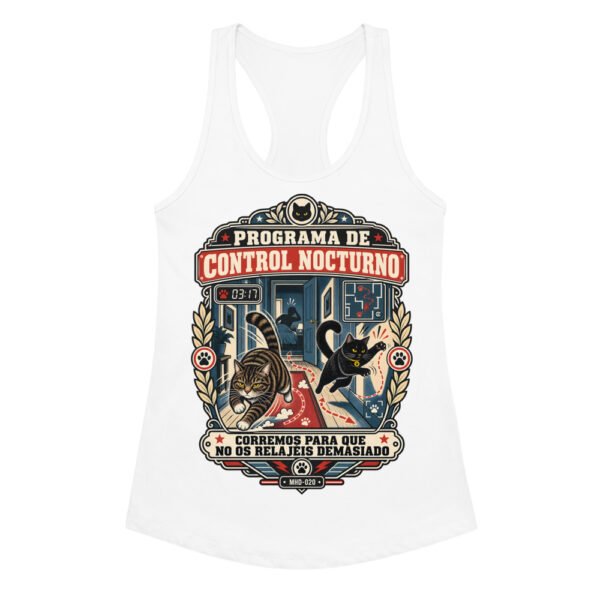 Camiseta de gatos para mujer PROGRAMA DE CONTROL NOCTURNO en color blanco, vista plana
