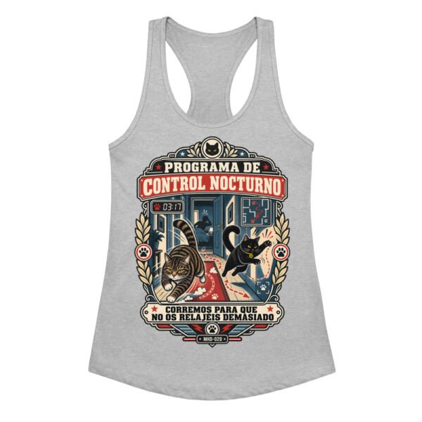 Camiseta de gatos para mujer PROGRAMA DE CONTROL NOCTURNO en color gris jaspeado, vista plana