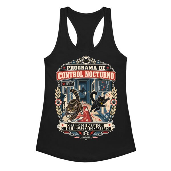 Camiseta de gatos para mujer PROGRAMA DE CONTROL NOCTURNO en color negro, vista plana