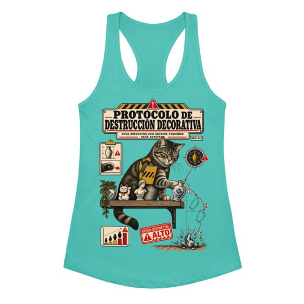 Camiseta de gatos para mujer PROTOCOLO DE DESTRUCCIÓN DECORATIVA en color azul tahití, vista plana