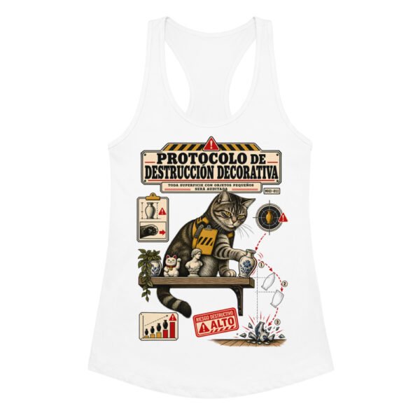 Camiseta de gatos para mujer PROTOCOLO DE DESTRUCCIÓN DECORATIVA en color blanco, vista plana