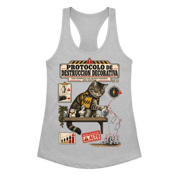 Camiseta de gatos para mujer PROTOCOLO DE DESTRUCCIÓN DECORATIVA en color gris jaspeado, vista plana