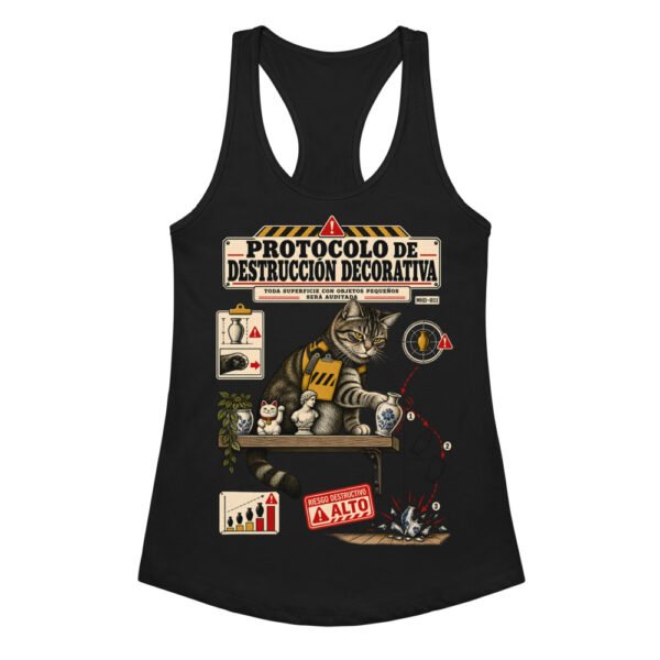 Camiseta de gatos para mujer PROTOCOLO DE DESTRUCCIÓN DECORATIVA en color negro, vista plana