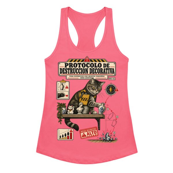 Camiseta de gatos para mujer PROTOCOLO DE DESTRUCCIÓN DECORATIVA en color rosa eléctrico, vista plana
