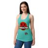 Camiseta de gatos para mujer PURRASIC PARK en color azul tahití, sobre modelo