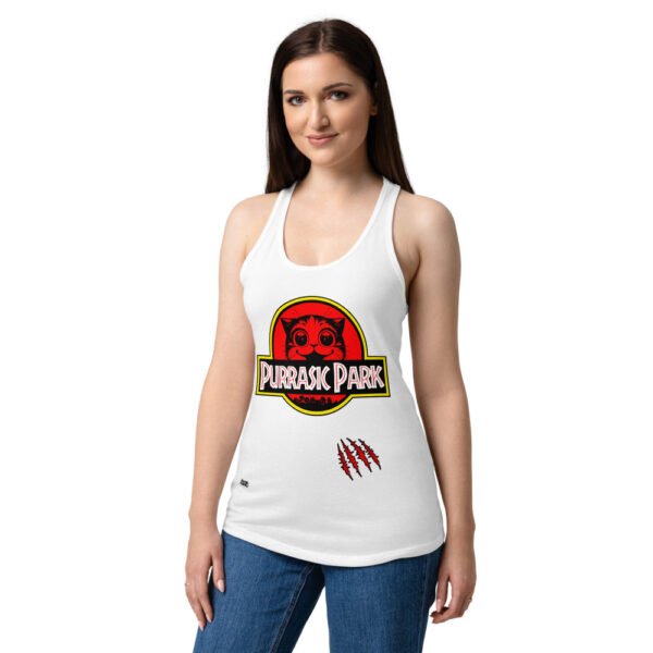 Camiseta de gatos para mujer PURRASIC PARK en color blanco, sobre modelo