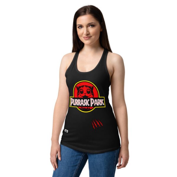 Camiseta de gatos para mujer PURRASIC PARK en color negro, sobre modelo