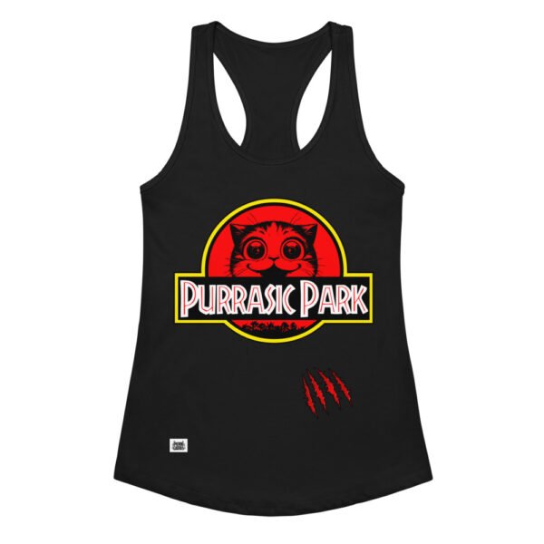 Camiseta de gatos para mujer PURRASIC PARK en color negro, vista plana